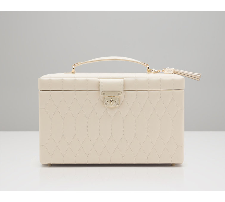 Ivory Quilted Leather Rectangular Jewelry Travel Case