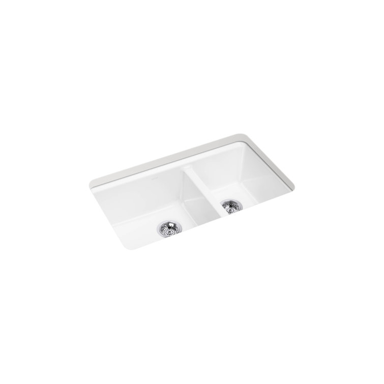 White Cast Iron Double Bowl Kitchen Sink with Drainboard