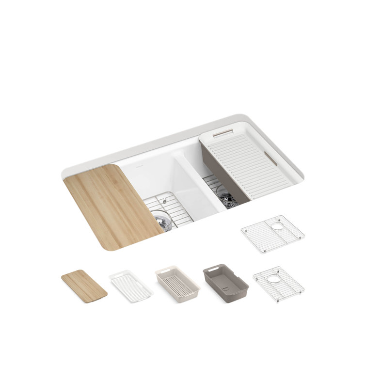White Cast Iron Double Bowl Kitchen Sink with Drainboard