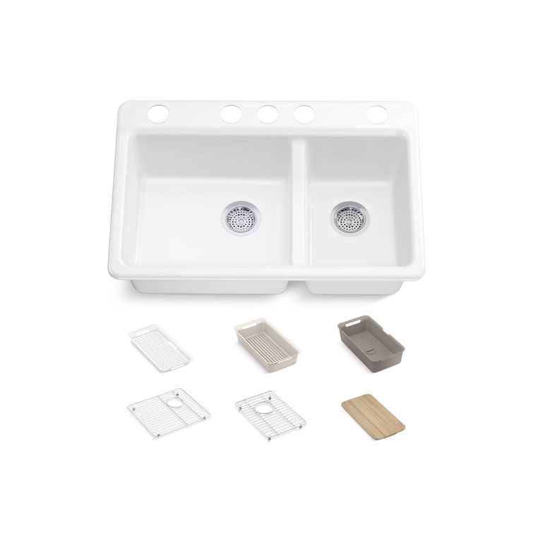 White Cast Iron Double Bowl Kitchen Sink with Drainboard