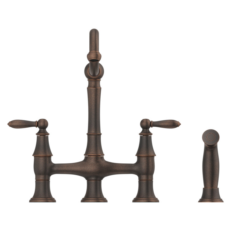 Rustic Bronze Double Handle Bridge Kitchen Faucet with Side Sprayer