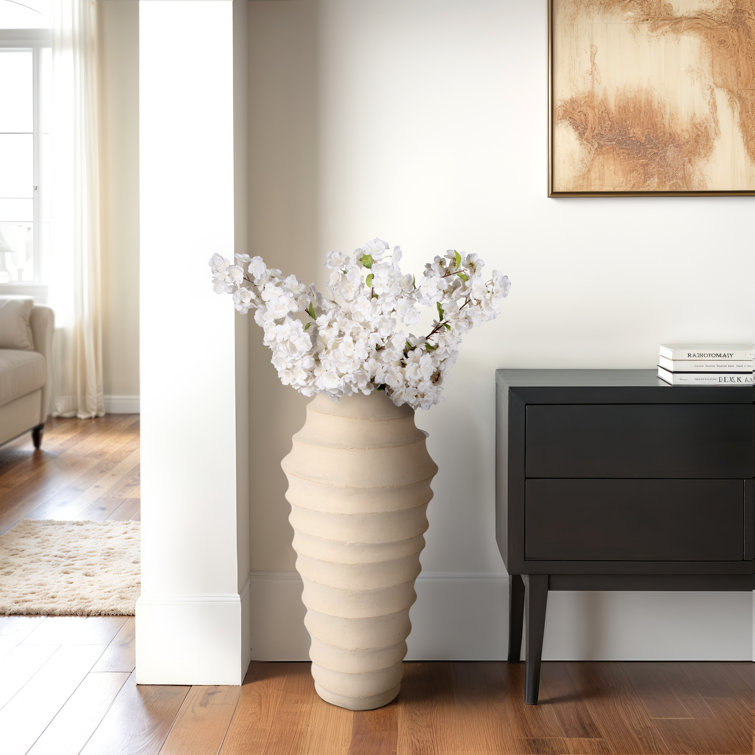 Handcrafted Round Beige Ceramic Floor Vase