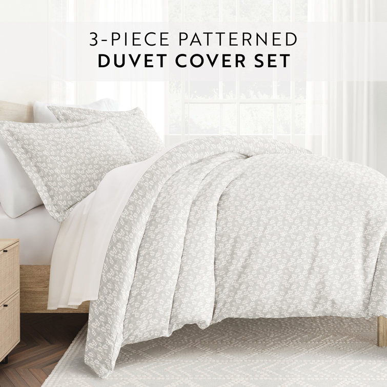 Gray Floral Microfiber Queen Duvet Cover Set