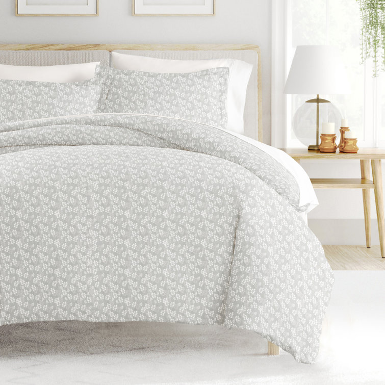 Gray Floral Microfiber Queen Duvet Cover Set