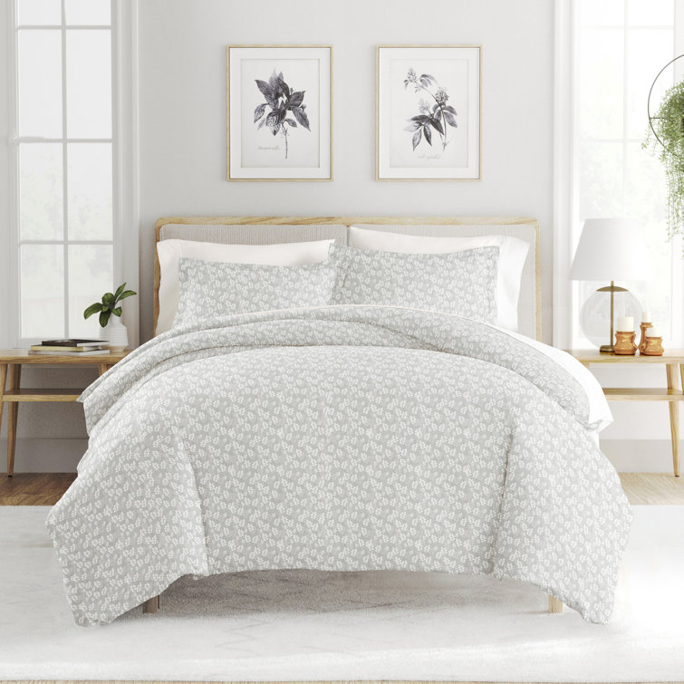 Gray Floral Microfiber Queen Duvet Cover Set