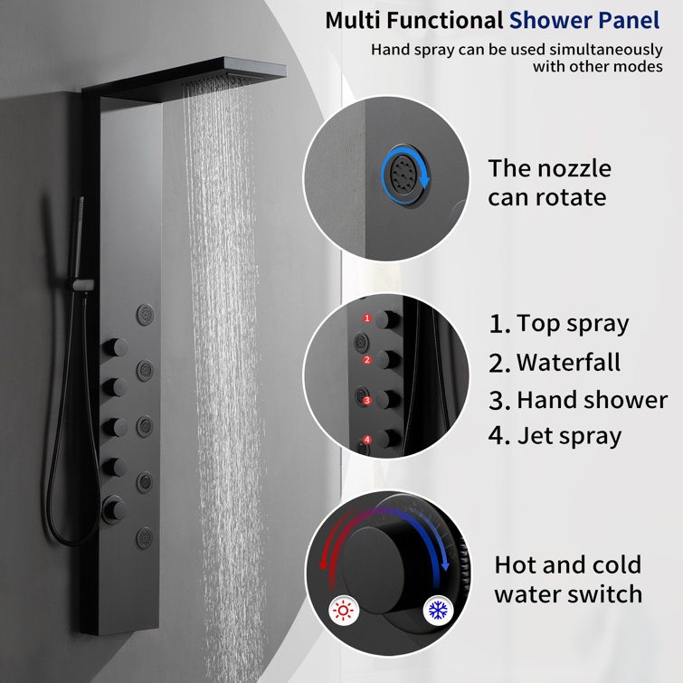 Matte Black 52'' Shower Panel System with Rainfall and Waterfall Shower Head