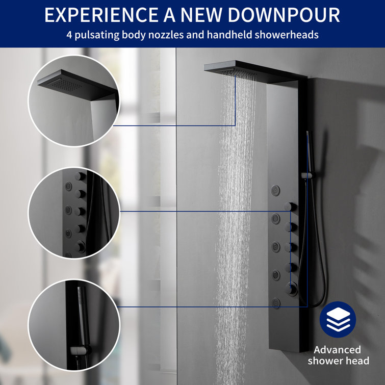 Matte Black 52'' Shower Panel System with Rainfall and Waterfall Shower Head