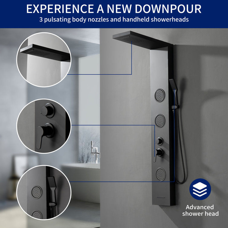 Matte Black 52'' Shower Panel System with Rainfall Shower Head