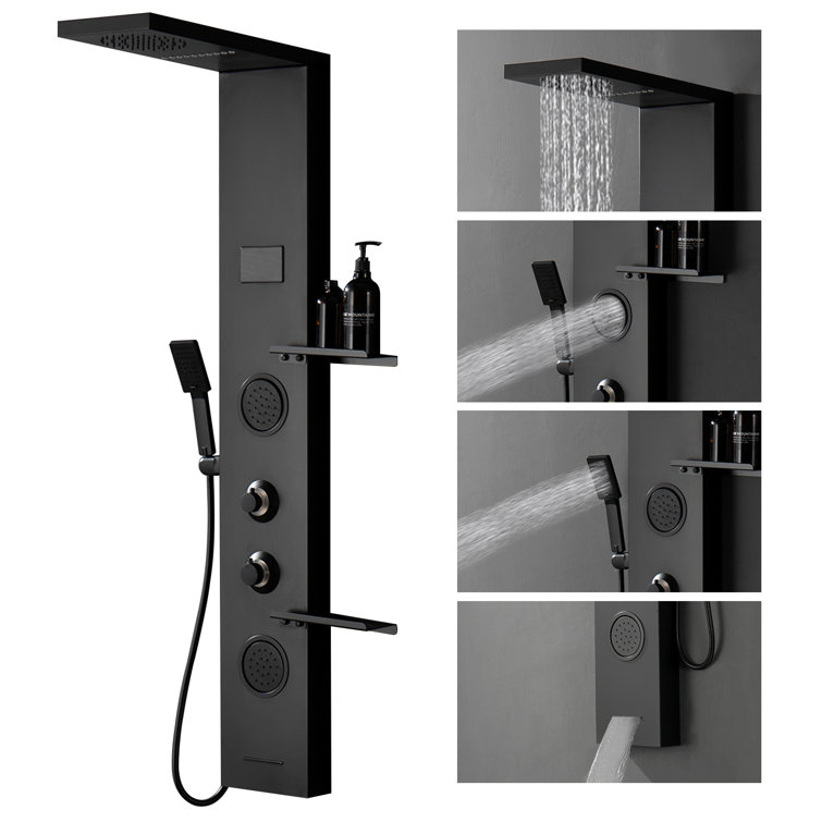 Matte Black Thermostatic Shower Panel System with LED Light