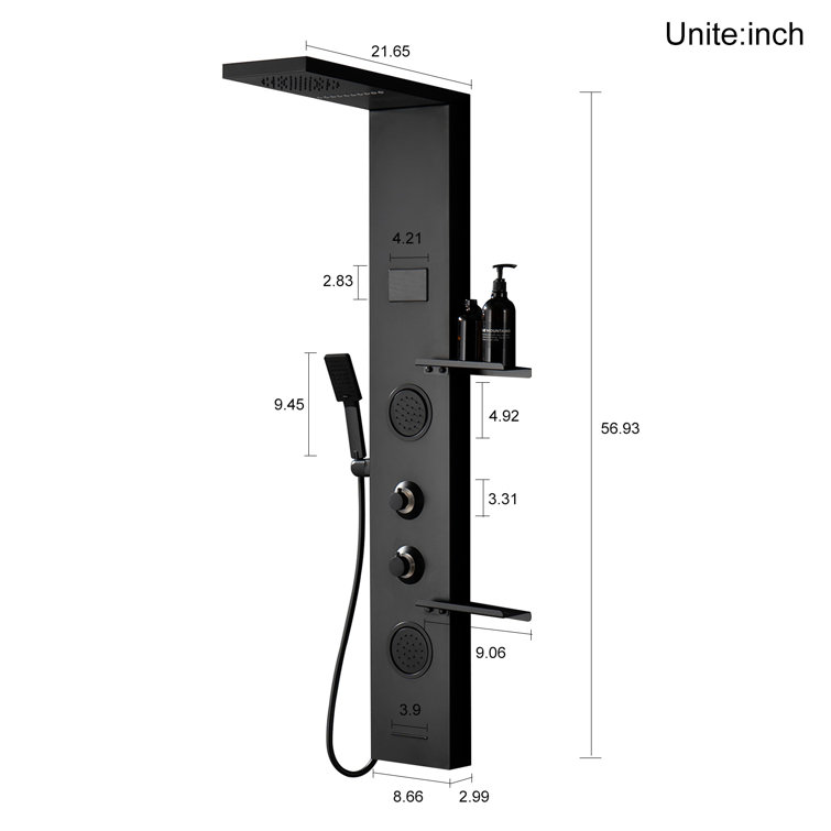 Matte Black Thermostatic Shower Panel System with LED Light