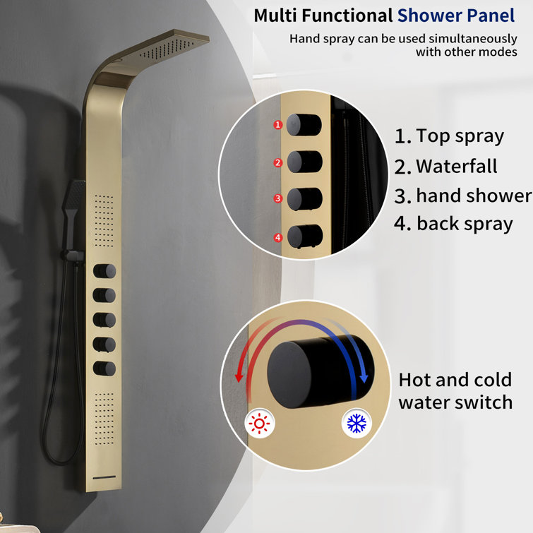 Black and Gold 60'' Modern Brass Shower Panel System with Rainfall Shower Head