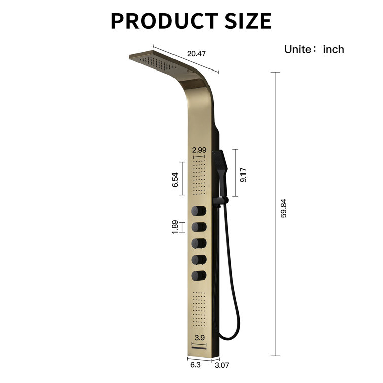Black and Gold 60'' Modern Brass Shower Panel System with Rainfall Shower Head