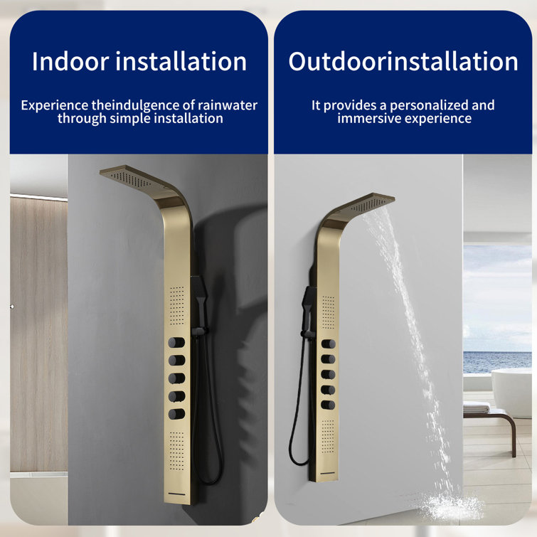 Black and Gold 60'' Modern Brass Shower Panel System with Rainfall Shower Head