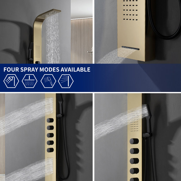 Black and Gold 60'' Modern Brass Shower Panel System with Rainfall Shower Head