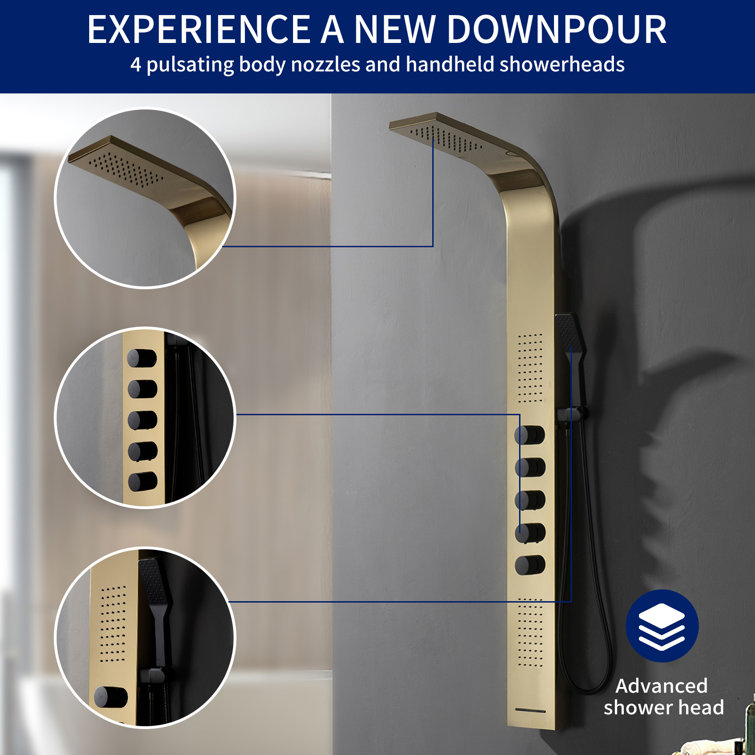 Black and Gold 60'' Modern Brass Shower Panel System with Rainfall Shower Head