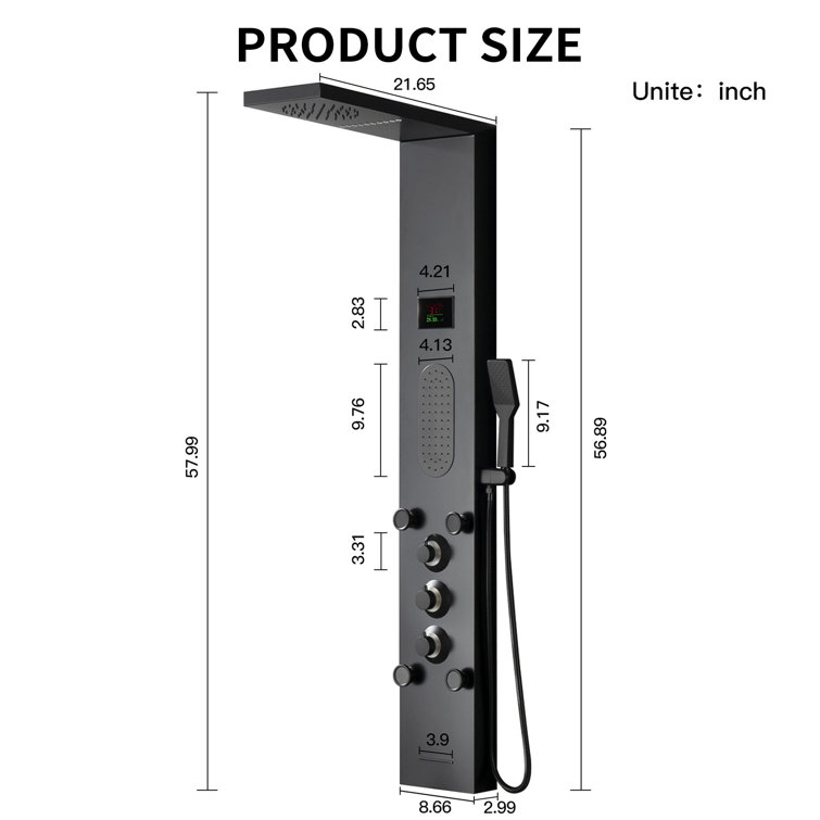 Matte Black LED Shower Panel with Brass Jets and Handheld