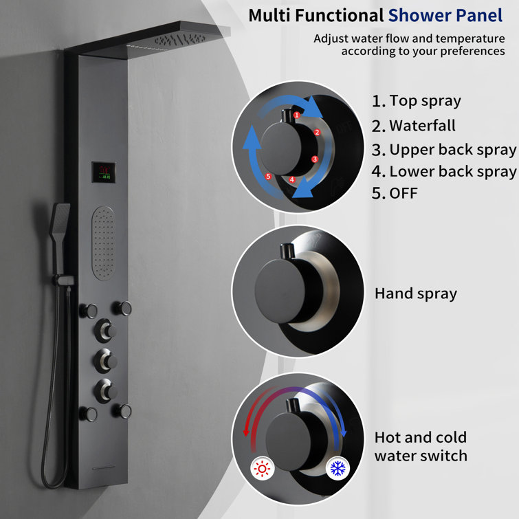 Matte Black LED Shower Panel with Brass Jets and Handheld