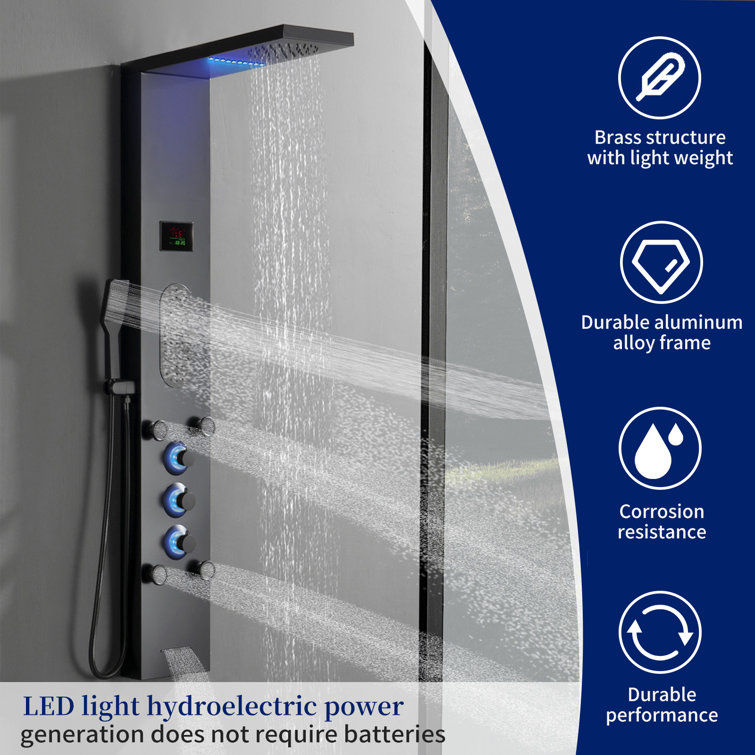 Matte Black LED Shower Panel with Brass Jets and Handheld