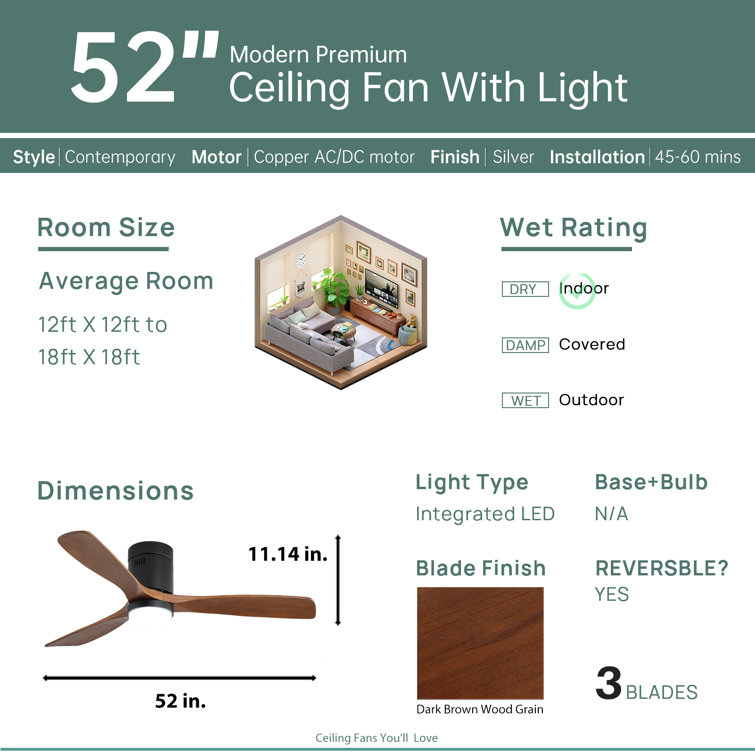52'' Matte Black and Brown Wood Flush Mount Ceiling Fan with LED Light