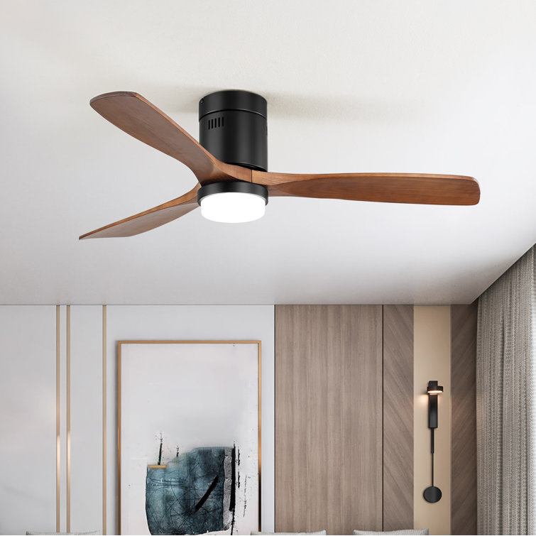 52'' Matte Black and Brown Wood Flush Mount Ceiling Fan with LED Light