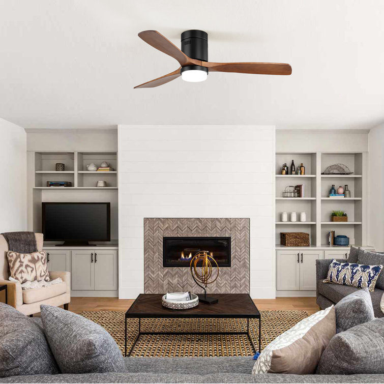52'' Matte Black and Brown Wood Flush Mount Ceiling Fan with LED Light