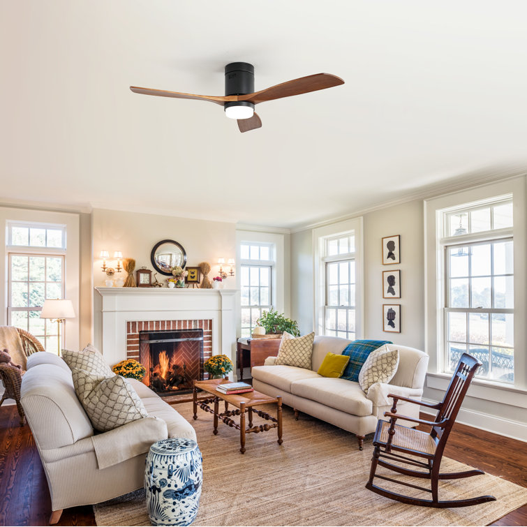 52'' Matte Black and Brown Wood Flush Mount Ceiling Fan with LED Light
