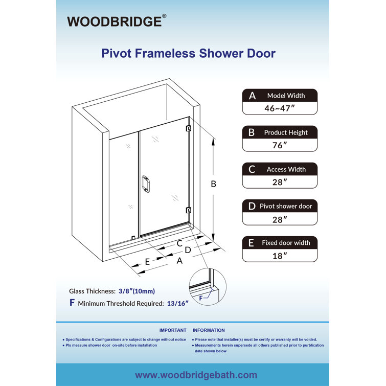 47" Chrome Frameless Pivot Shower Door with Clear Tempered Glass