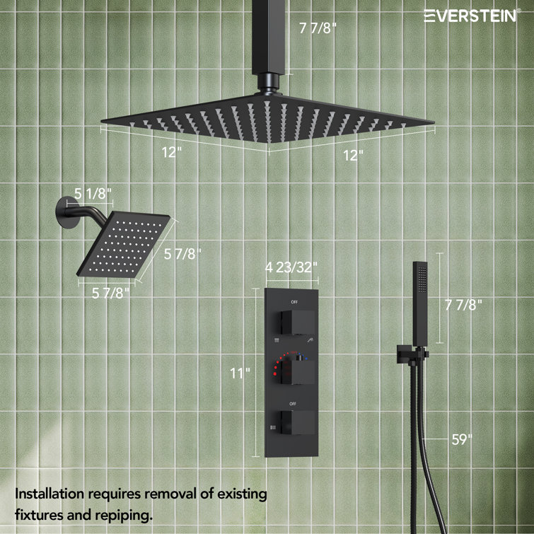 Matte Black 12" Ceiling Mounted Rainfall Shower System with Jets