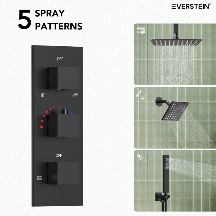 Matte Black 12" Ceiling Mounted Rainfall Shower System with Jets
