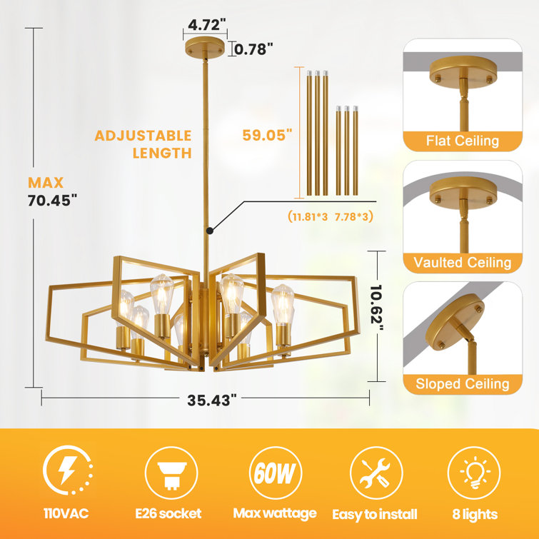 Gold 8-Light Geometric Metal Chandelier
