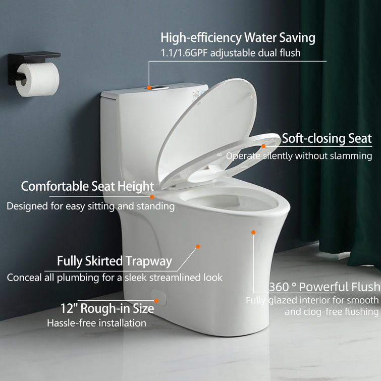 Glossy White Elongated Dual Flush One-Piece Toilet