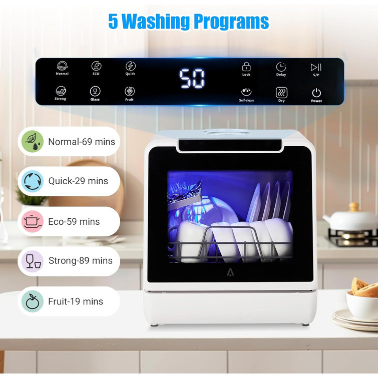White Compact Countertop Dishwasher with Built-In Water Tank