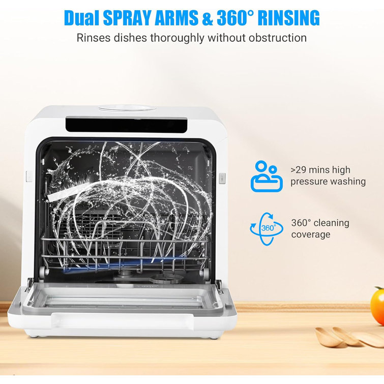 White Compact Countertop Dishwasher with Built-In Water Tank