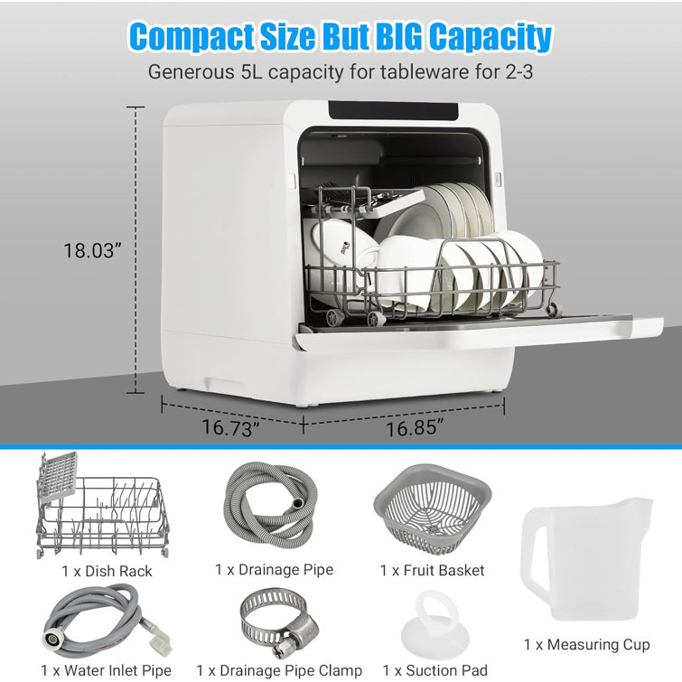 White Compact Countertop Dishwasher with Built-In Water Tank
