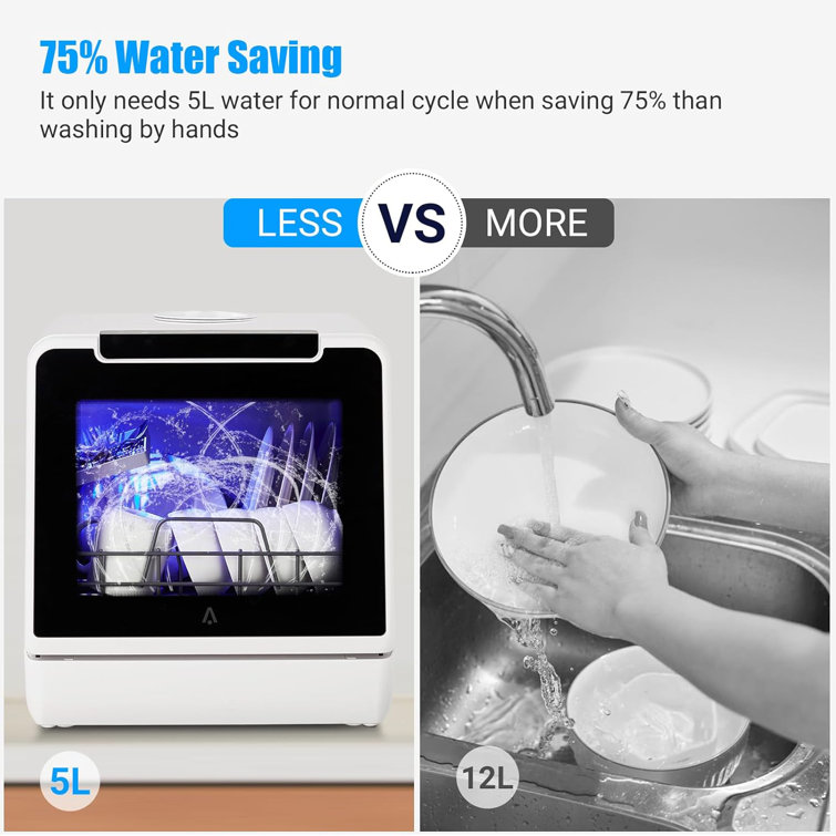 White Compact Countertop Dishwasher with Built-In Water Tank