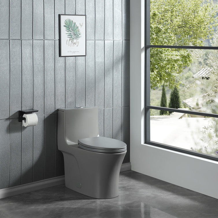 Light Gray Elongated Dual Flush One-Piece Toilet with Soft Closing Seat