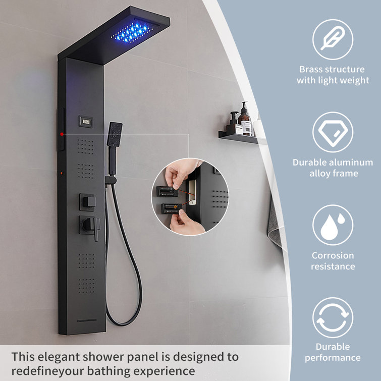 Matte Black 4-Jet Rainfall Shower Panel System with LED Light
