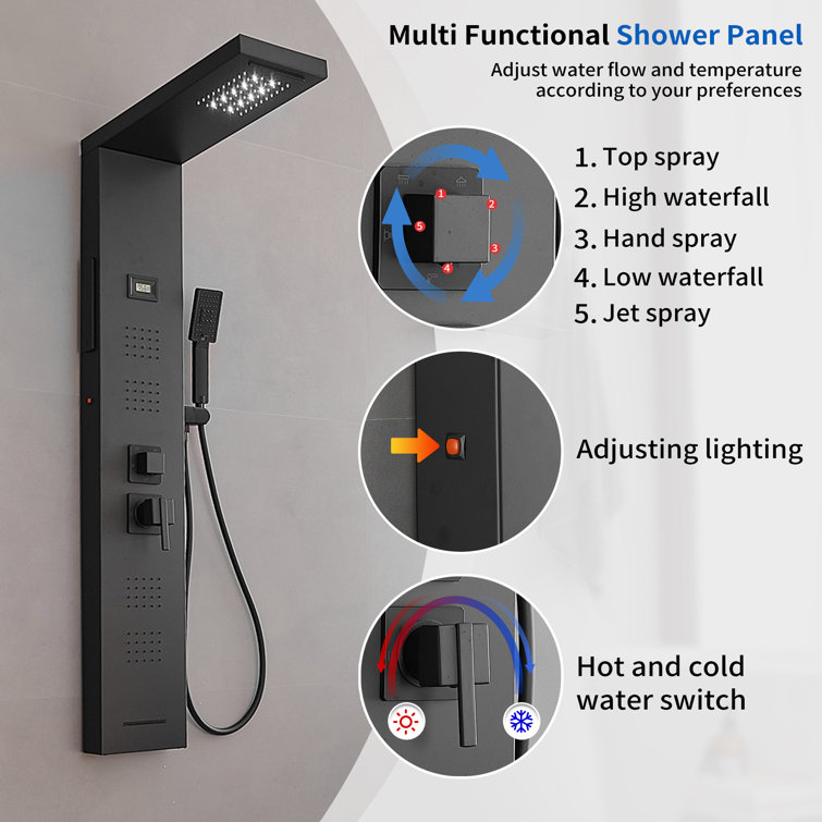 Matte Black 4-Jet Rainfall Shower Panel System with LED Light