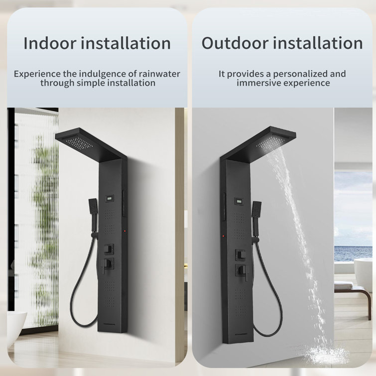 Matte Black 4-Jet Rainfall Shower Panel System with LED Light