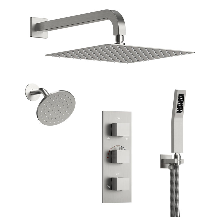 Brushed Nickel Dual Shower System with Handheld Spray and Thermostatic Valve