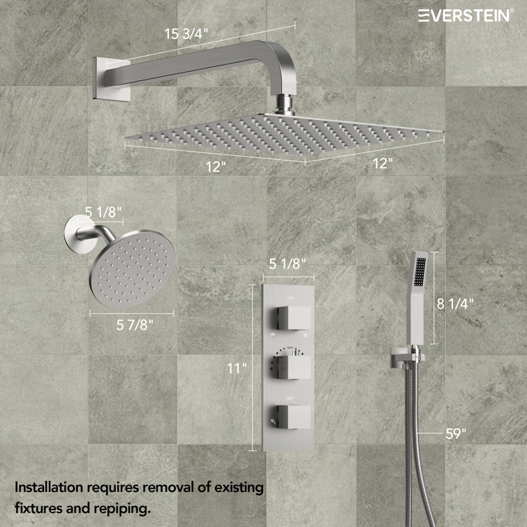 Brushed Nickel Dual Shower System with Handheld Spray and Thermostatic Valve