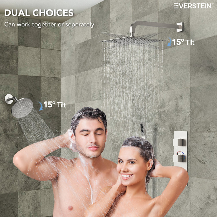 Brushed Nickel Dual Shower System with Handheld Spray and Thermostatic Valve