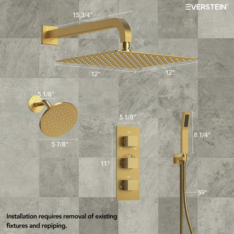 Brushed Gold Dual Shower System with Handheld and Rain Heads