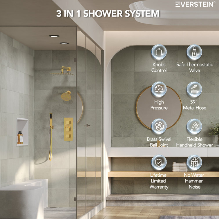 Brushed Gold Dual Shower System with Handheld and Rain Heads
