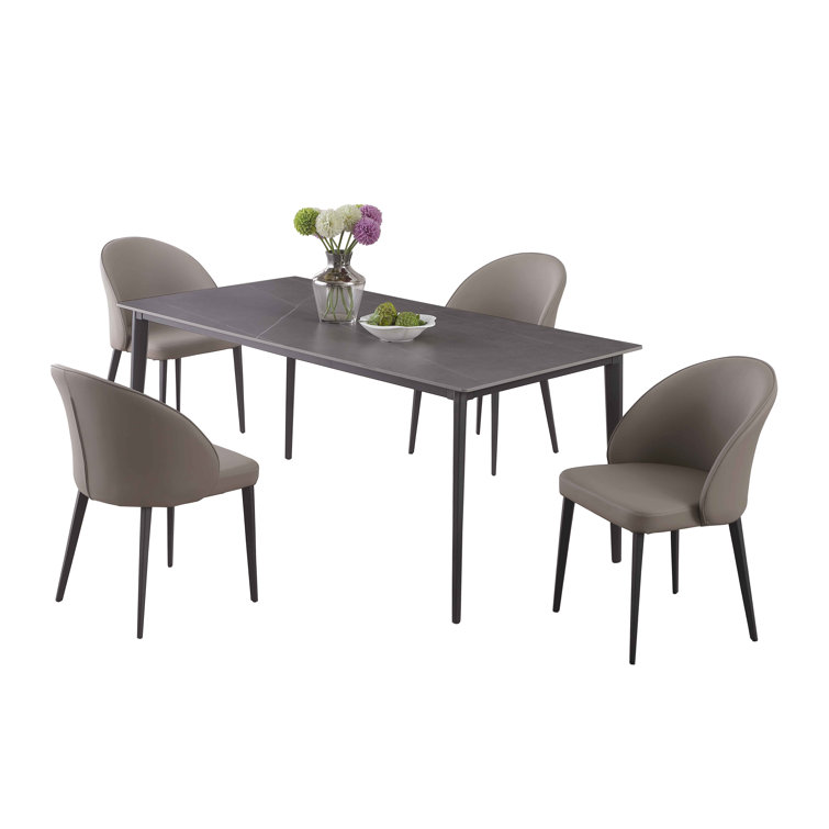 Gray Faux Marble Top Dining Set with 4 Faux Leather Chairs