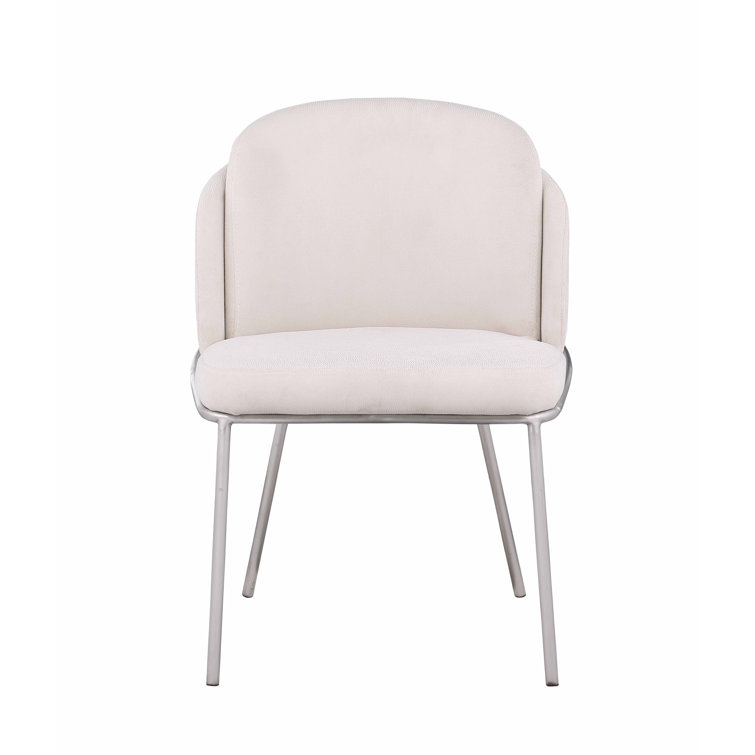 Kamila White Fabric Upholstered Side Chair with Brushed Stainless Steel Legs