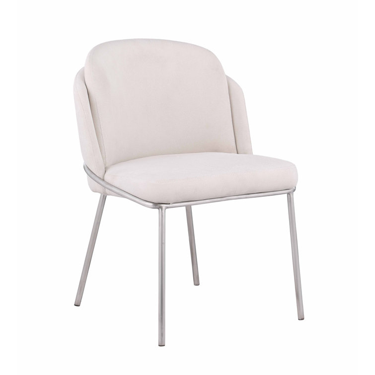 Kamila White Fabric Upholstered Side Chair with Brushed Stainless Steel Legs