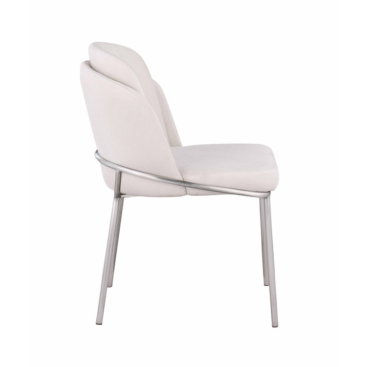 Kamila White Fabric Upholstered Side Chair with Brushed Stainless Steel Legs