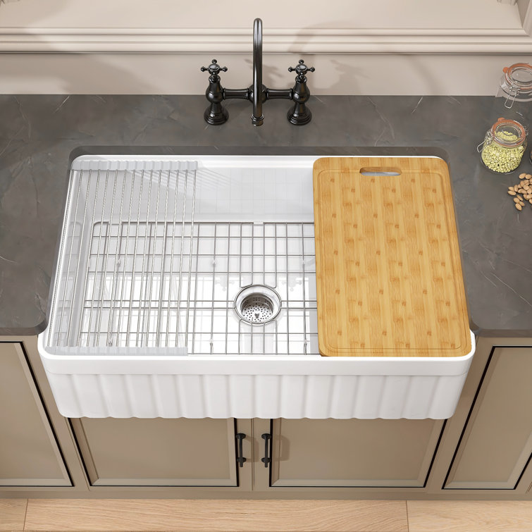33" White Fireclay Farmhouse Apron-Front Kitchen Sink with Accessories
