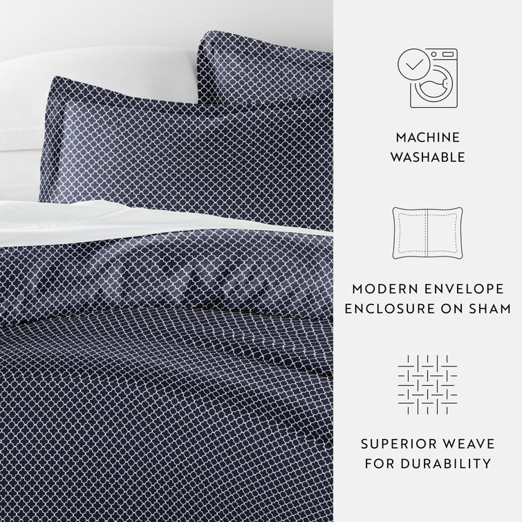 Navy Geometric Pattern Microfiber Queen Duvet Cover Set